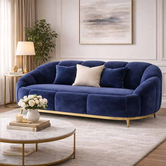 Retro Navy Channelled 2 Seat Sofa with Gold Metal Legs