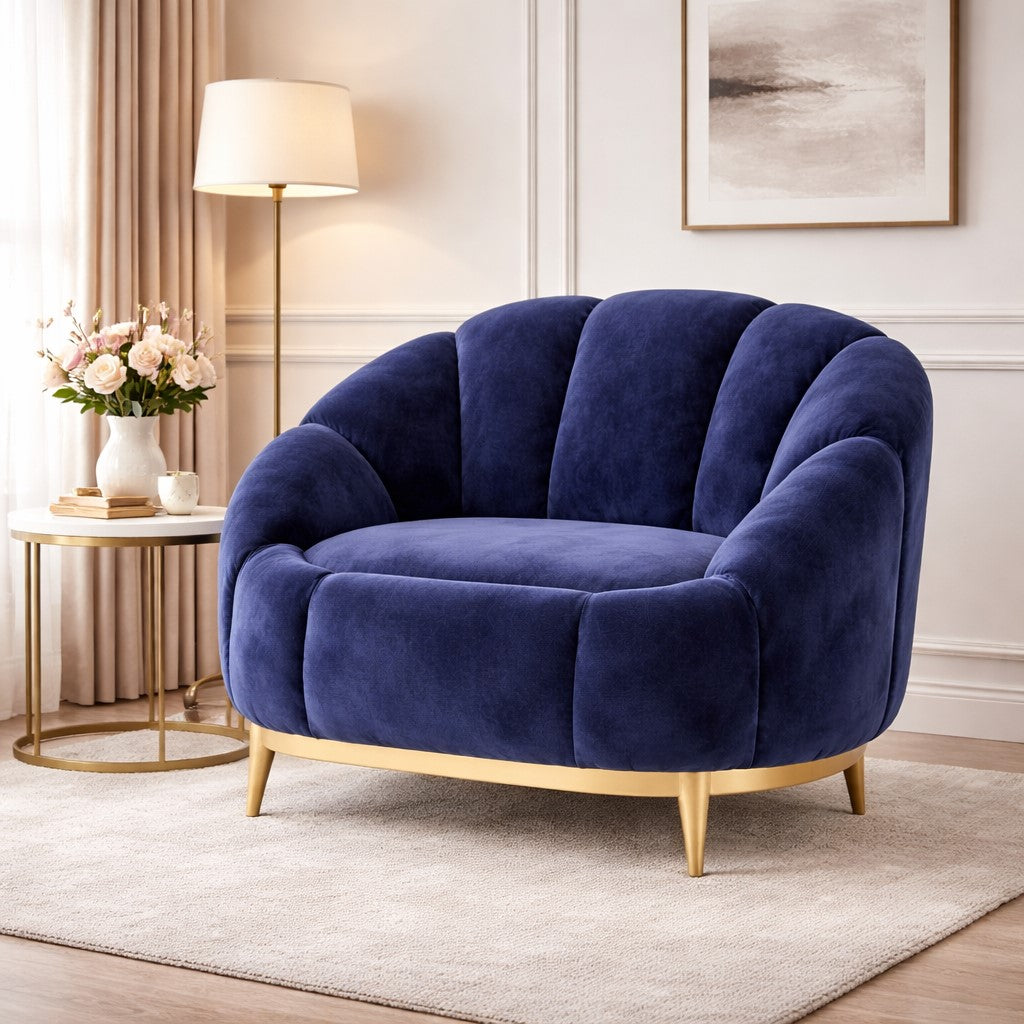 Retro Navy Channelled Armchair with Gold Metal Legs