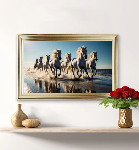 Seven white horses running along the shoreline