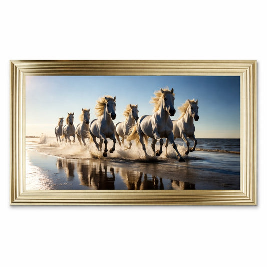 Seven white horses running along the shoreline