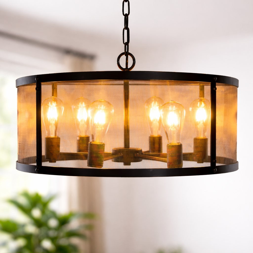 Small Round Black Iron Industrial Chandelier