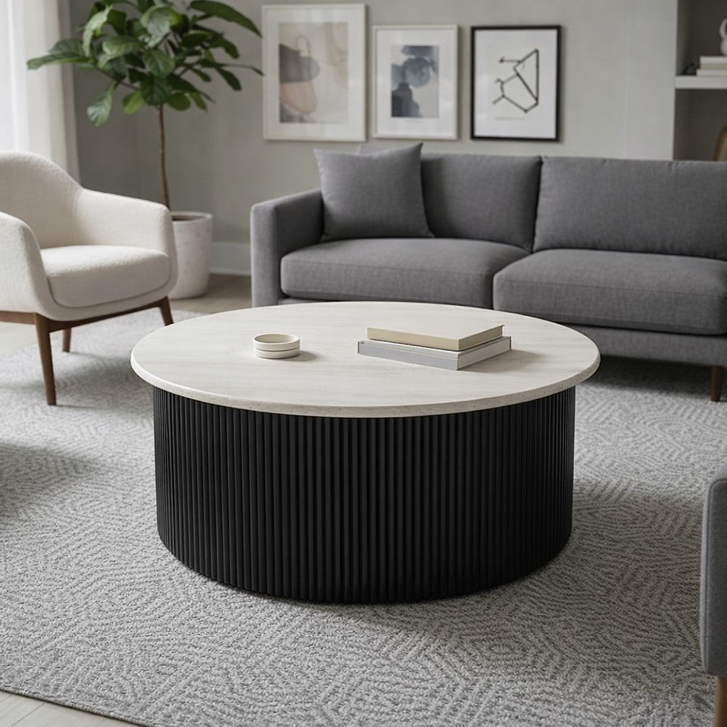 Walton Travertine Top Coffee Table with Black Acacia Wood Base