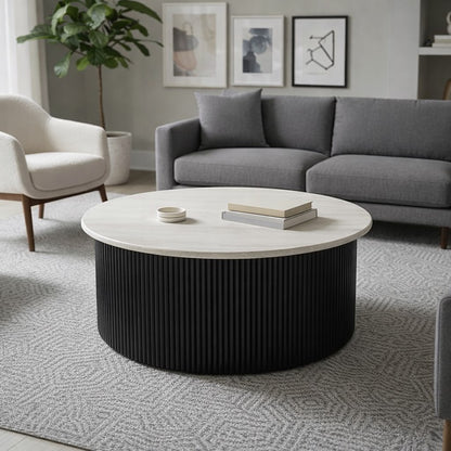 Walton Travertine Top Coffee Table with Black Acacia Wood Base